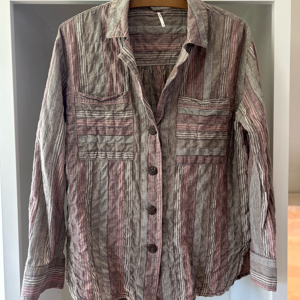 Free People Striped Button Down Shirt - Pink and Gray